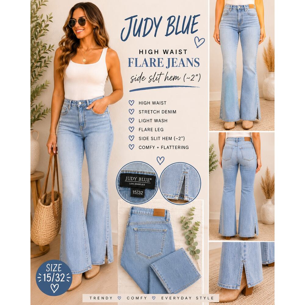 Judy Blue High Waist Flare Jeans Light Wash Side Slit Stretch 15/32